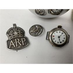 Pair of Georgian silver dress buttons, silver caddy spoon, silver fob medals, silver watches, set of six silver plated teaspoons, set of gilt buttons with ship design, etc