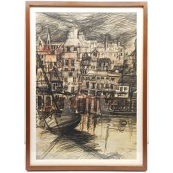 J K Sheard (British 20th century): Whitby Fish Quay and Harbour, mixed media charcoal pastel and watercolour wash signed and dated 1977, 64cm x 44cm
