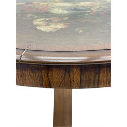 Early Victorian rosewood tripod pedestal table, circular moulded top hand painted with flowers and birds on slate, on tapered hexagonal column with carved acanthus leaf baluster, three splayed supports carved with foliage and scrolling terminals 