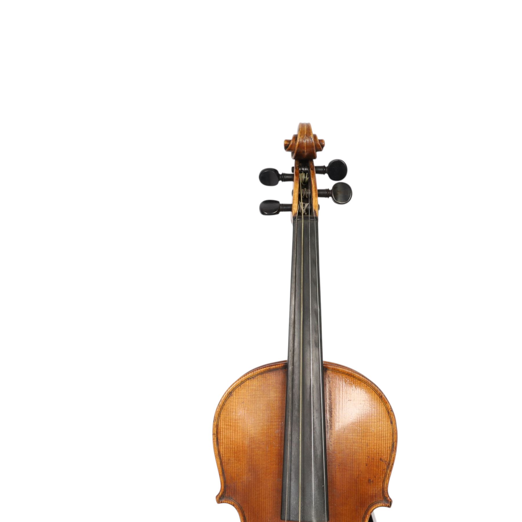 Two 19th century violins, each with two piece maple backs, ebonised wooden pegs and finger boards and modern plastic chin rests, with two bows, all contained within a modern two-violin soft case with red interior