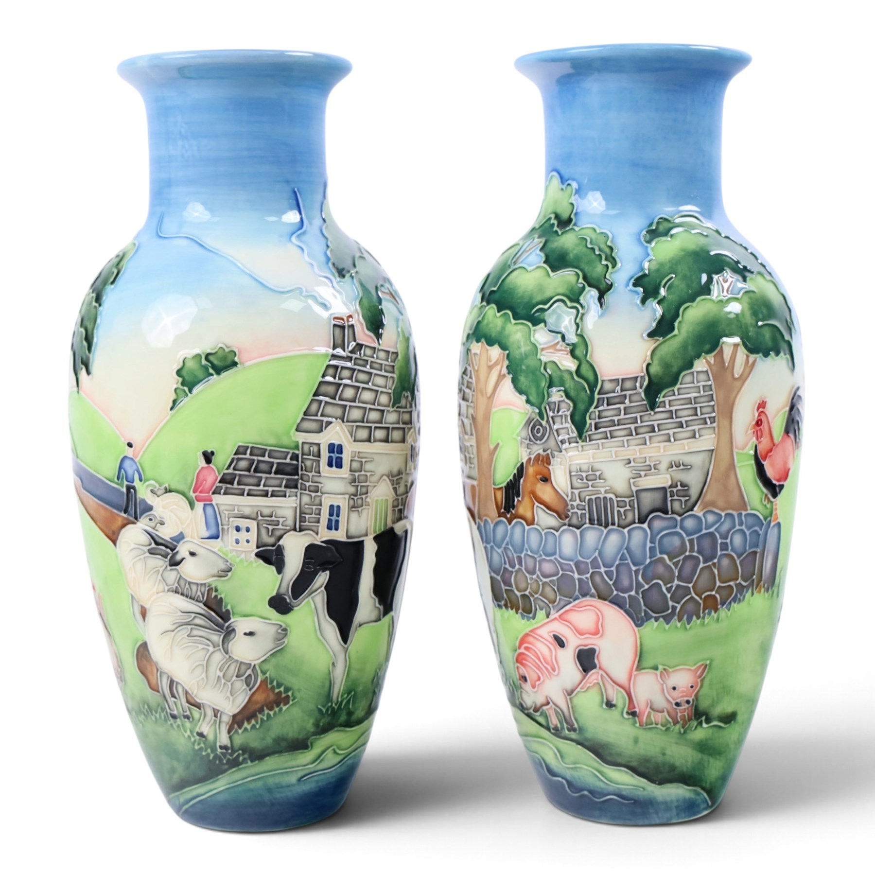 Five pieces Old Tupton Ware Farmyard pattern, comprising three vases, jug and teapot, largest vase H28cm