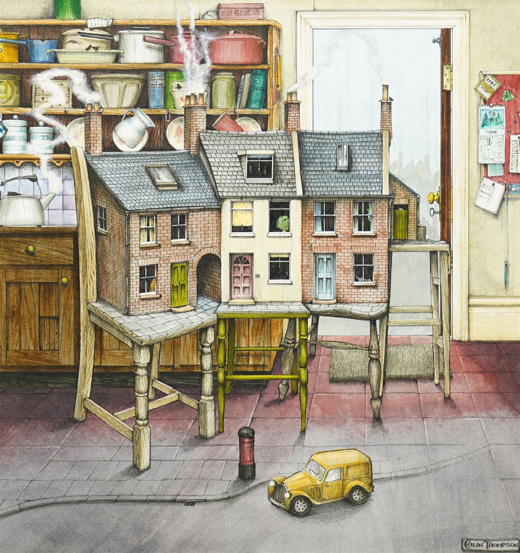 Colin Thompson (British/Australian 1942-): Houses in Kitchen Illustration, ink and watercolour signed 38cm x 37cm 
Notes: Featured in Thompson's the 'Pictures of Home' book, commissioned by Leeds Permanent Building Society, page 14. 