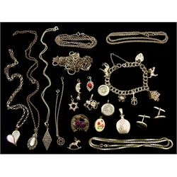 Silver necklaces, silver stone set pendants and charm bracelet, all stamped or tested
