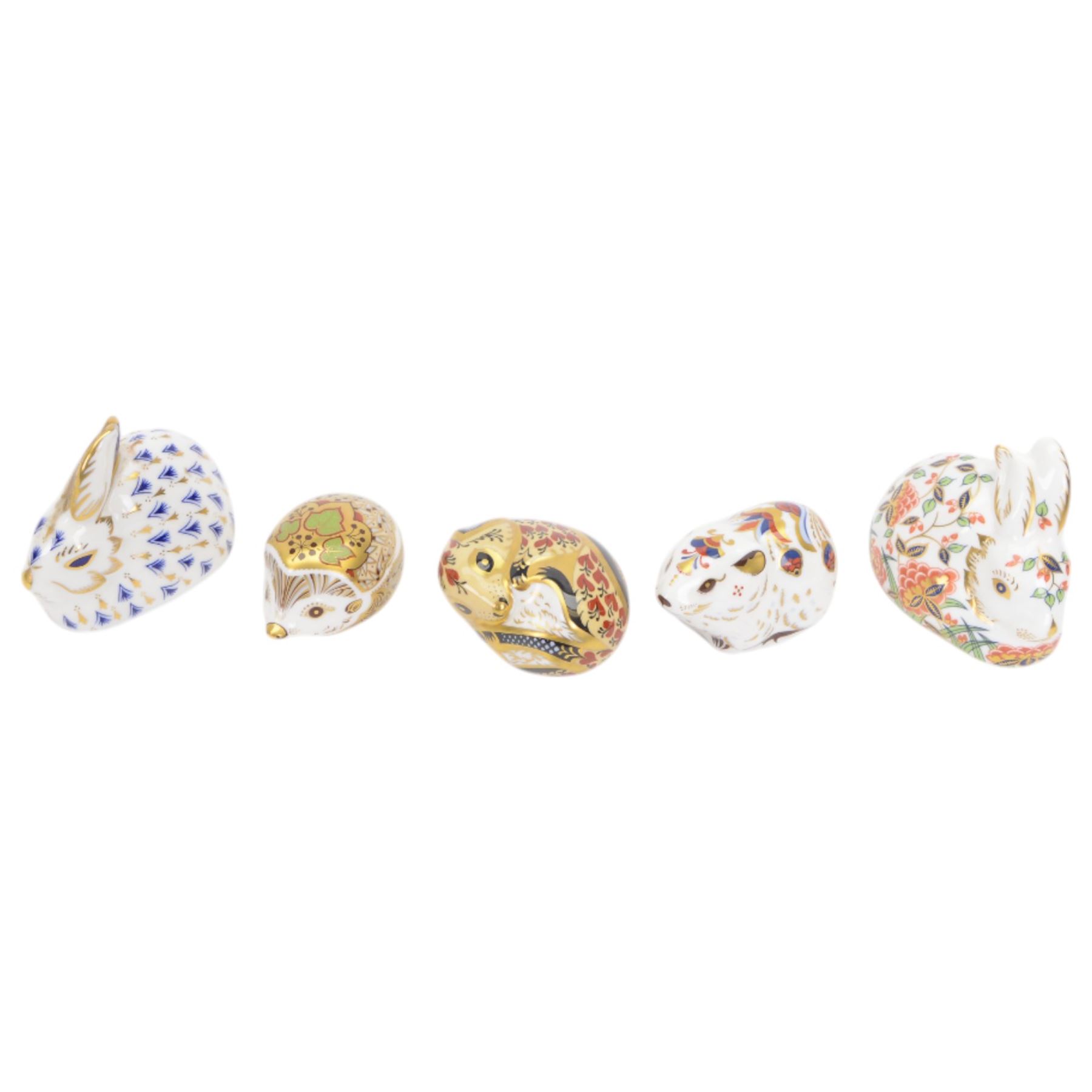 Five Royal Crown Derby paperweights, comprising Ivy hedgehog, Bank Vole, Door Mouse, Meadow Rabbit and Rabbit, all with gold stoppers 
