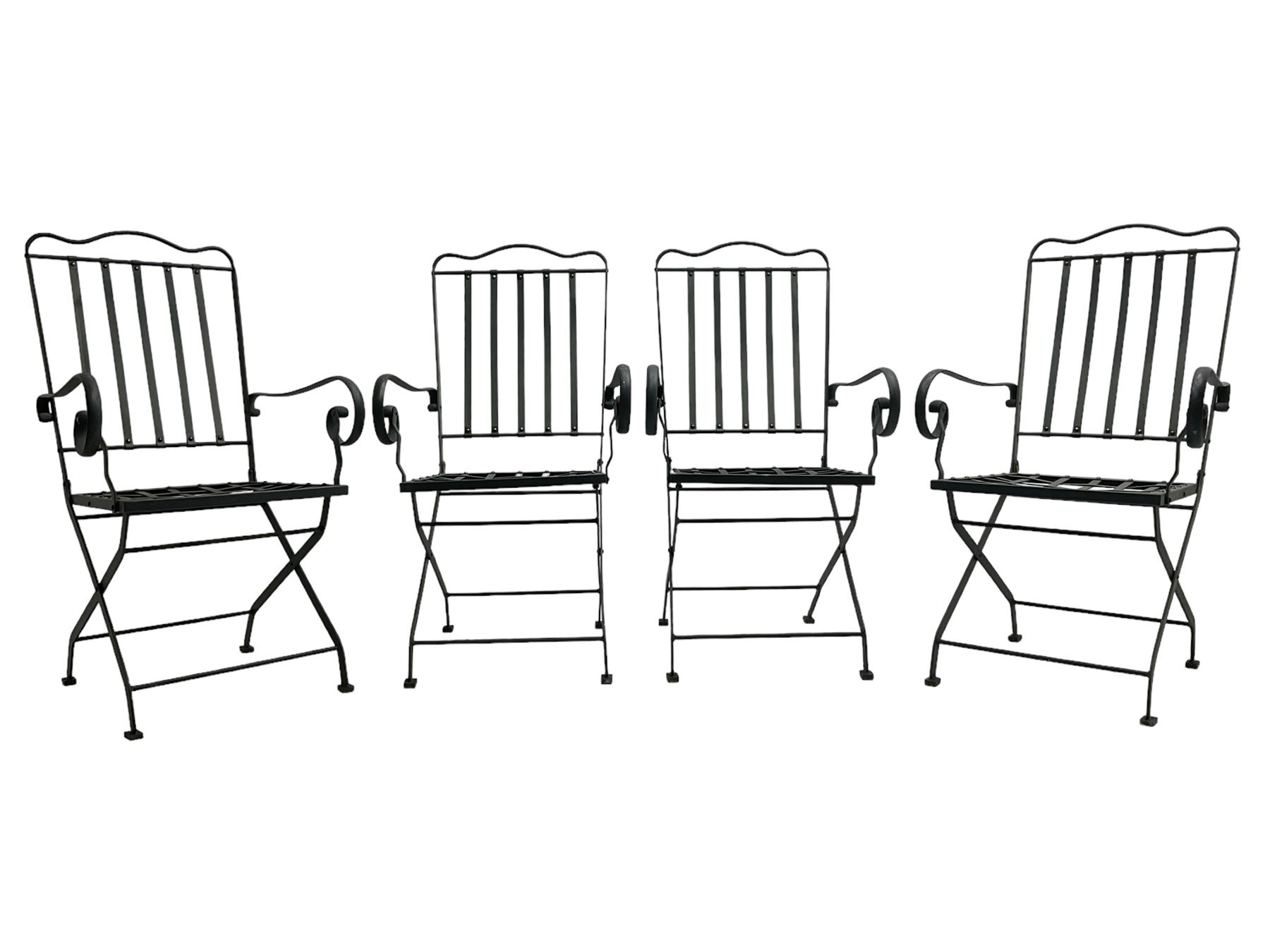 Set of six (4+2) grey finish wrought metal garden chairs, with shaped cresting rail over vertical slat back, latticework seat  - THIS LOT IS TO BE COLLECTED BY APPOINTMENT FROM DUGGLEBY STORAGE, GREAT HILL, EASTFIELD, SCARBOROUGH, YO11 3TX