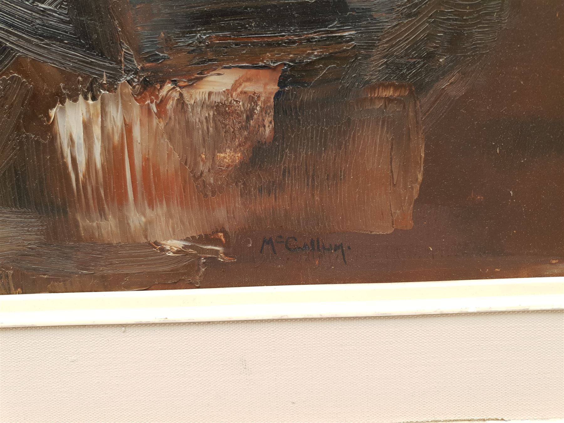 Roy McCallum (British 20th century): 'Vanity' - Abstract Roosters, impasto oil on board signed, titled and signed verso 51cm x 79cm