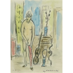  Francesco de Rocchi (Italian 1902-1978): 'A la Vita' - Girl pulling on her Stockings, charcoal with colour washes signed titled and dated '72, 24cm x 17cm  DDS - Artist's resale rights may apply to this lot    
