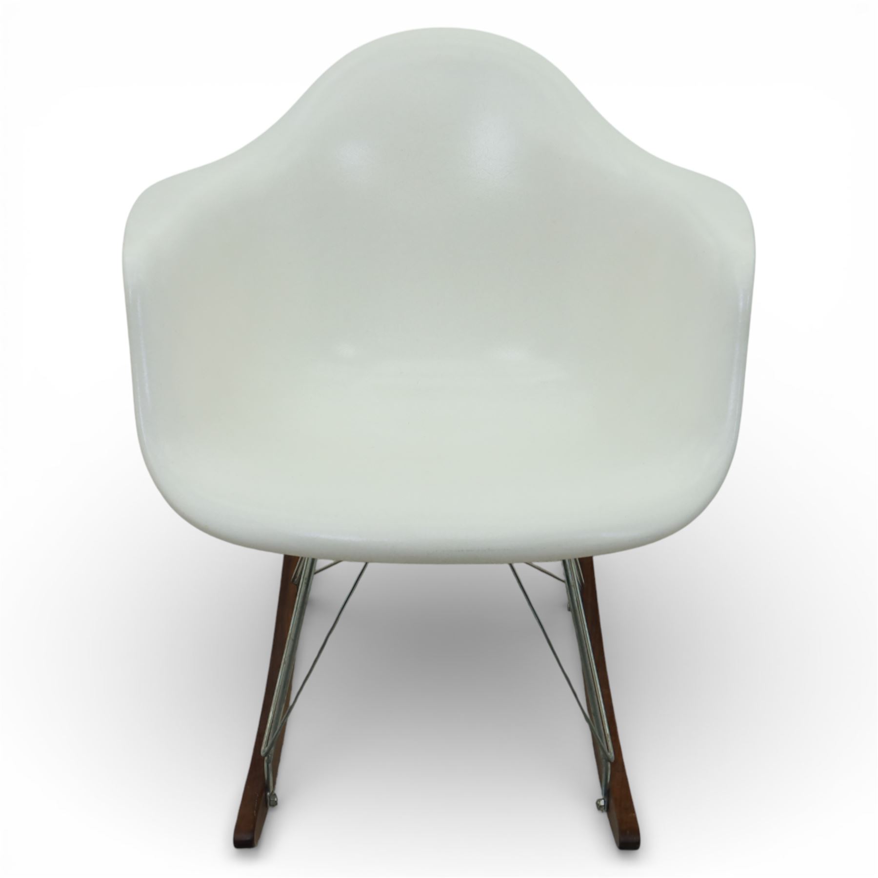 Modernica Los Angeles - RAR rocking chair, moulded white fibreglass shell with integrated arms, raised on chrome wire supports with shaped stained wooden rocking runners