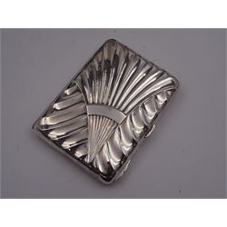 Victorian silver mounted aide memoir/card case, of rectangular form with rounded corners and fan design fluted decoration throughout, opening to reveal a partitioned brown silk interior and silver pencil, hallmarked Birmingham 1896, maker's mark worn and partially indistinct, probably Hilliard & Thomason
