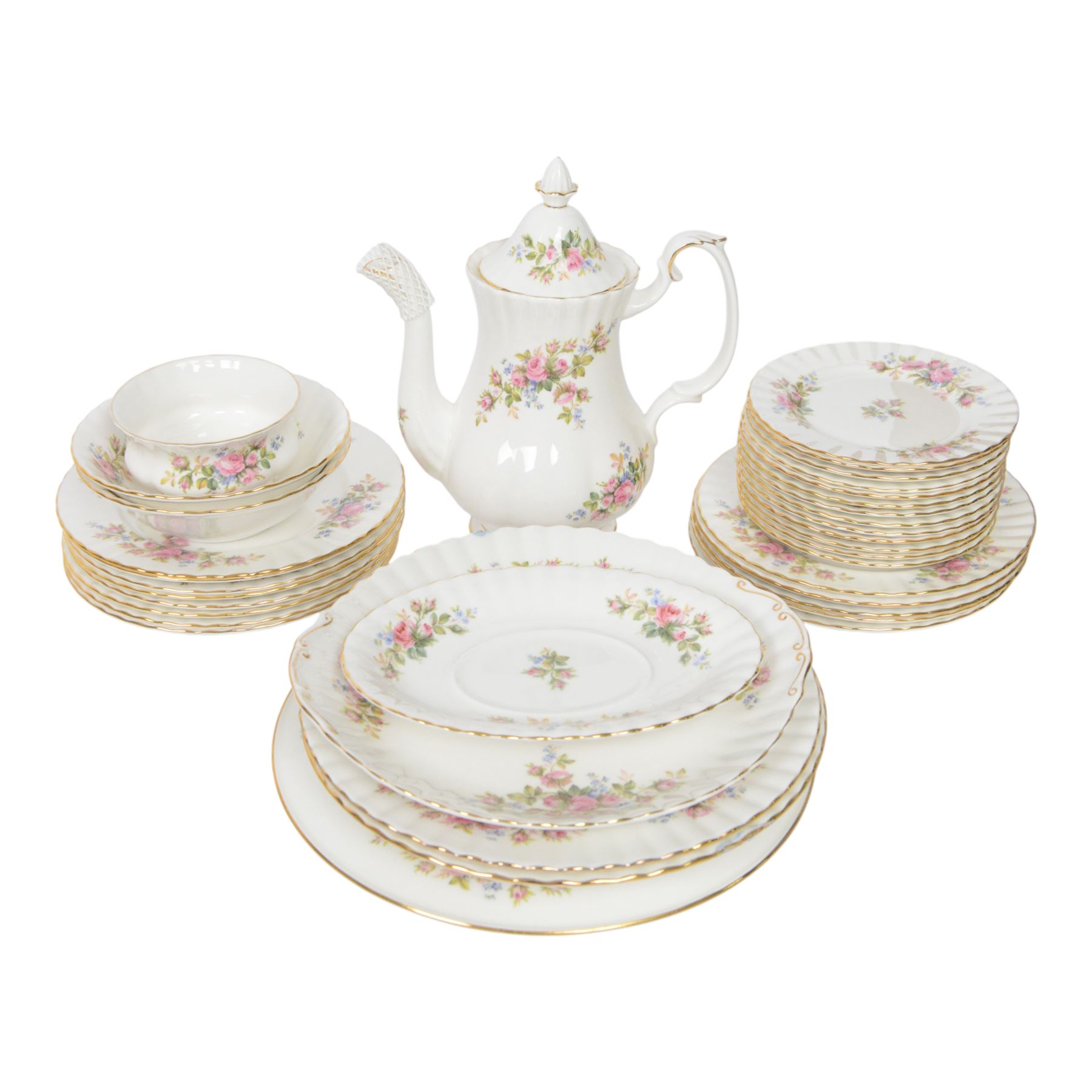 Royal Albert Moss Rose tea and dinner wares, including teapot, coffee pot, fourteen cups and saucers, milk jug, open sucrier etc  