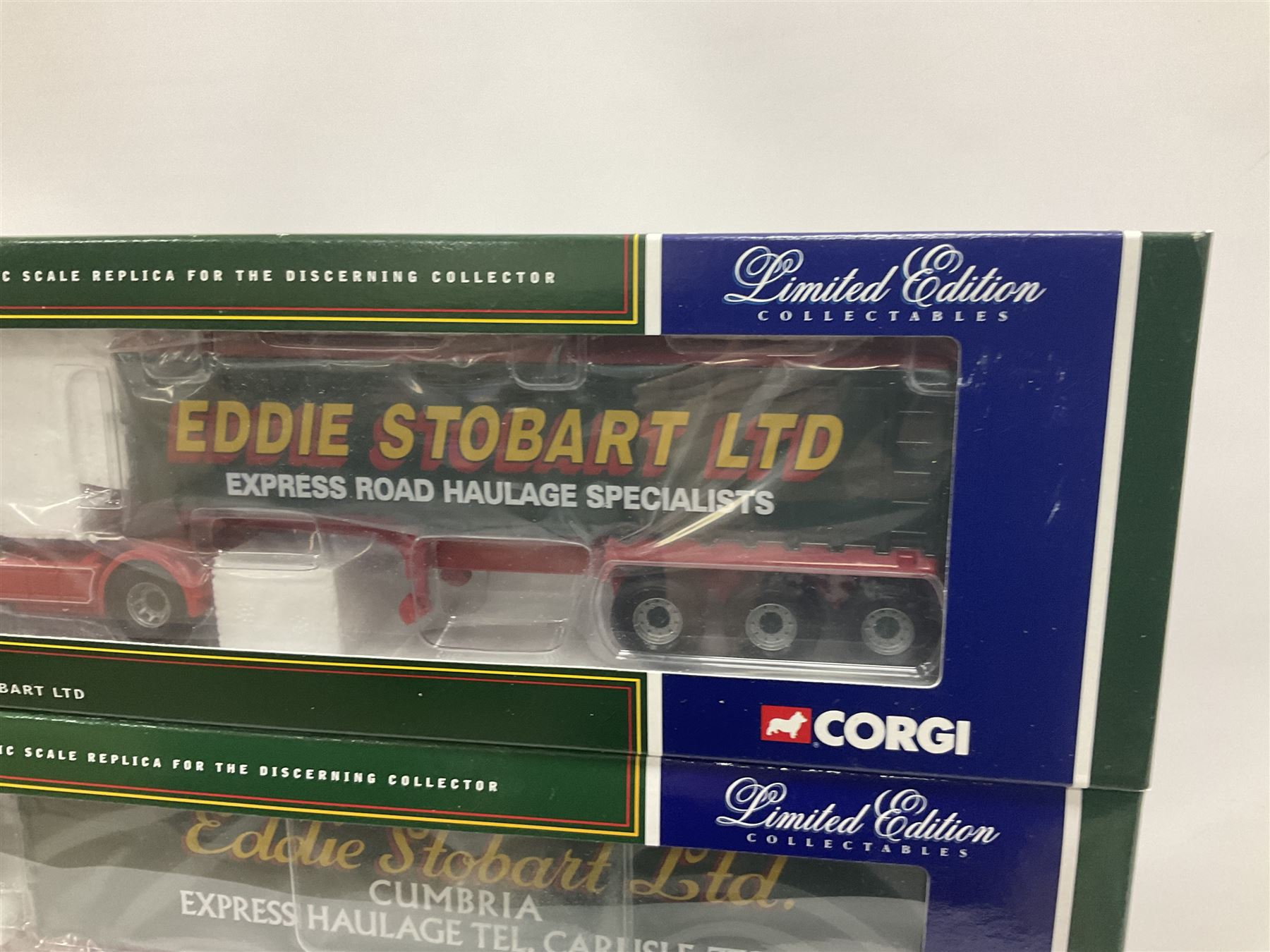 Corgi - four limited edition 1:50 scale Eddie Stobart heavy haulage vehicles comprising CC12802 Scania T-Cab Bulk Tipper; CC13207 DAF XF Space Cab and Flatbed Trailer; CC13101 Volvo F88 Box Trailer; and CC12607 Scammell Crusader Tautliner; all boxed (4)
