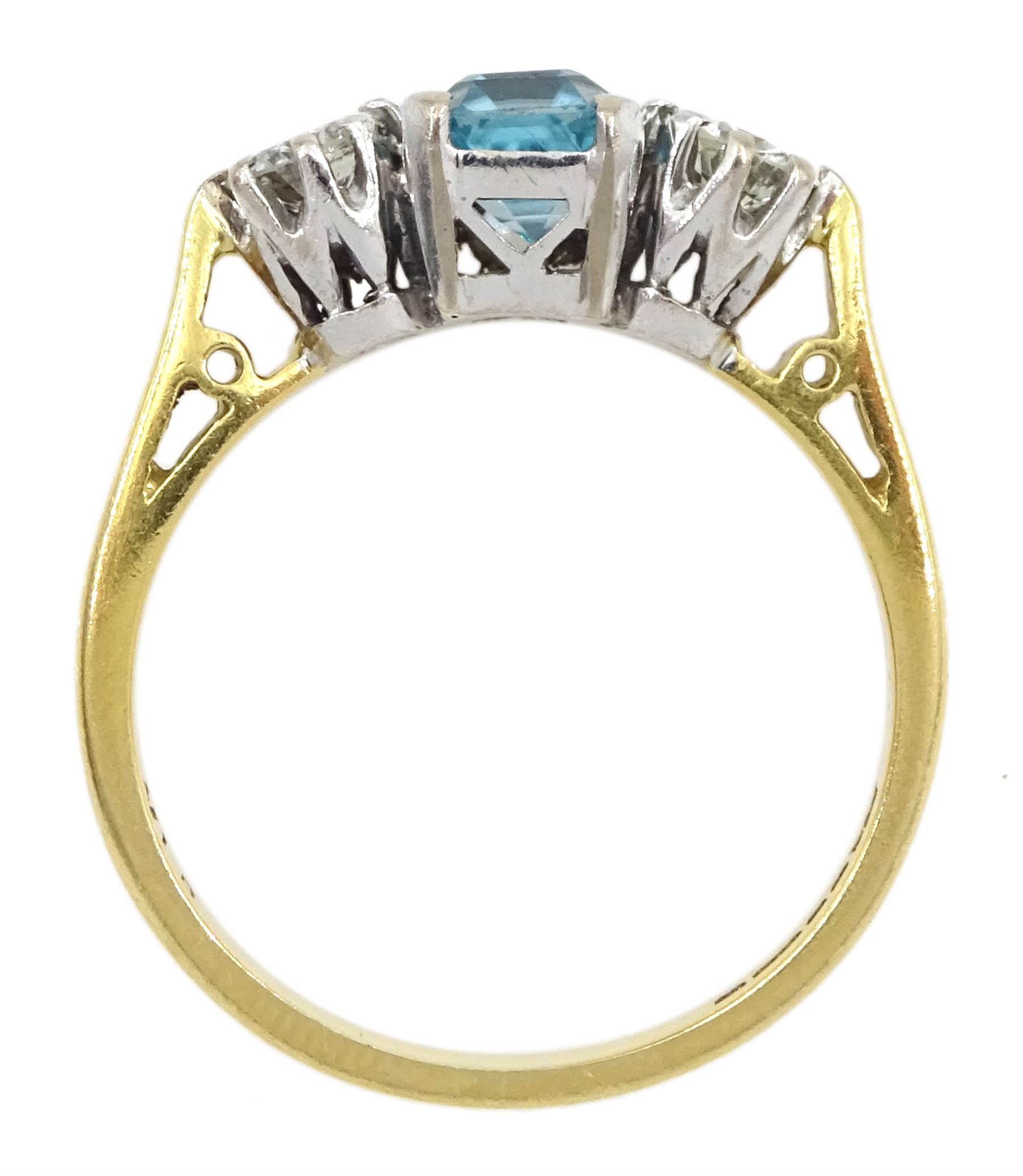 18ct gold three stone blue zircon and round brilliant cut diamond ring, hallmarked, total diamond weight approx 0.40 carat