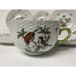 Herend of Hungary Rothschild bird pattern, part tea service, comprising two large teacups and saucers, two teacups and three saucers, milk jug, sugar bowl, five dessert plates and two side plates (18)