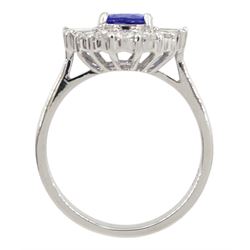 18ct white gold oval tanzanite, baguette and round brilliant cut diamond cluster ring, stamped 750, tanzanite approx 1.20 carat, total diamond weight approx 0.50 carat