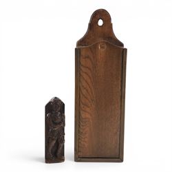 Late 18th century oak candle box and 19th century carving, candle box H44cm