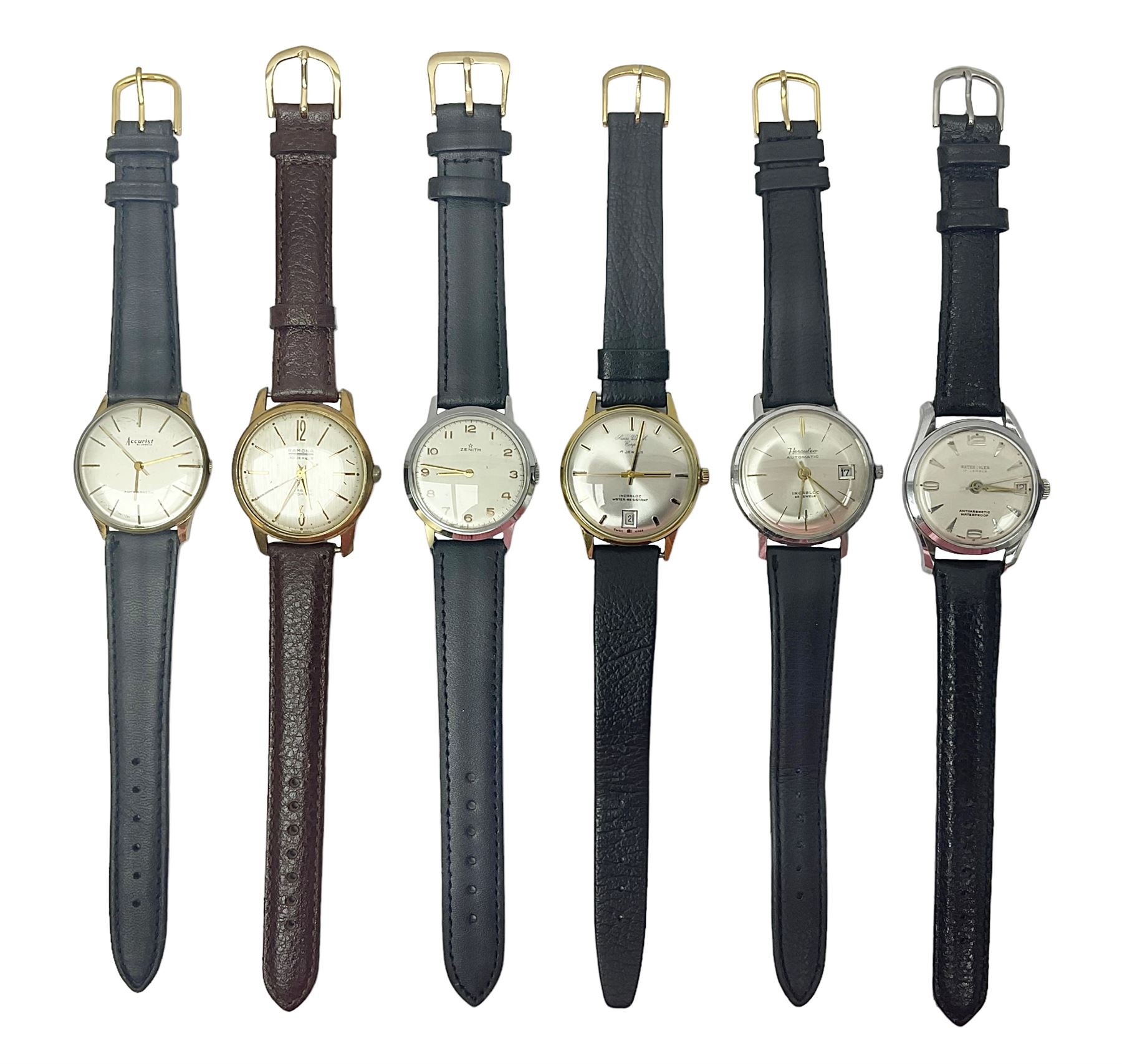 Two automatic wristwatches including Herculeo and Ramona and four manual wind wristwatches including Zenith, Swiss Watch Company and Accurist