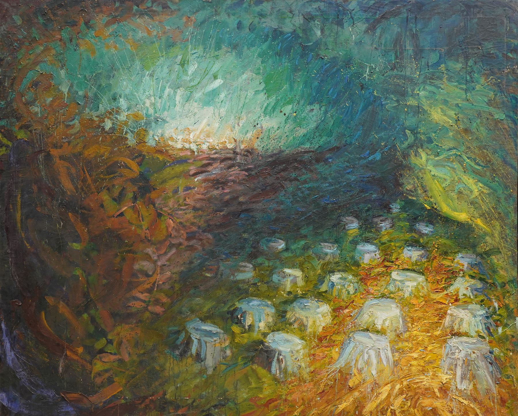 Timothy 'Tim' Renshaw (British 1964-): 'Silver', oil on canvas signed, attributed titled and dated 1997 on label verso 149cm x 183cm