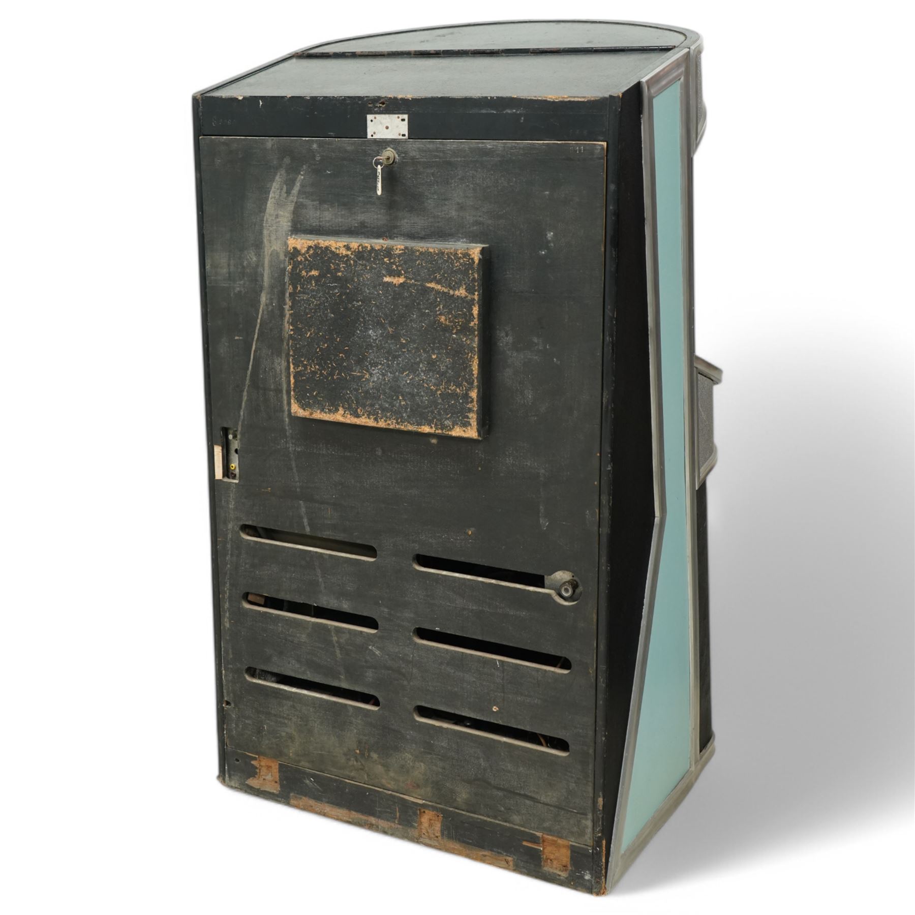 Ditchburn - 'Music Maker Panoramic 200' jukebox circa 1959, curved panoramic glazed front offering full view of the automatic selection process, accommodating 100 records (200 selections), with a stereo sound system, the aluminium trim over a woven speaker grille with an all-over ebonised and silver finish