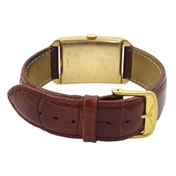 Longines gentleman's 14ct gold tank wristwatch, Cal 22L, serial No. 7593519, case No. 811582, the rectangular silvered dial with diamond set hour markers and subsidereary seconds dial, stamped 14K, on tan leather strap with original buckle, boxed