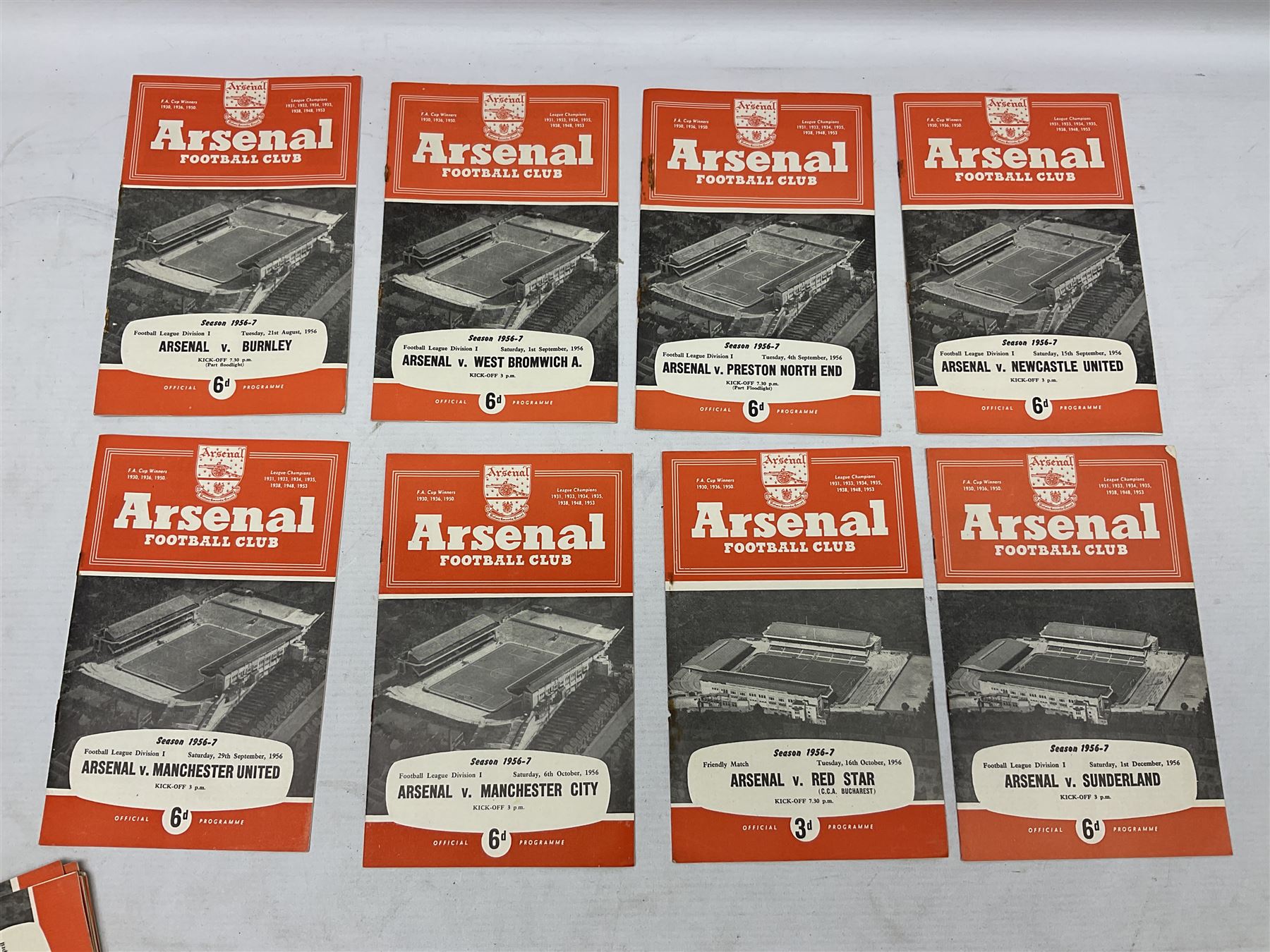 Arsenal F.C. - forty-nine home programmes for 1956/57 (21), 1957/58 (13) & 1958/59 (15) including Division One, F.A. Cup (including replays) and Friendly Matches (49). Auctioneers Note: The February 1st match against Manchester United (result Arsenal 4 Manchester United 5) was the final domestic league match played by the Manchester United first team before the Munich Air Crash - thus it was the last game played in the U.K. by the 'Busby Babes', before the tragic death of several of these players.