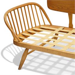 Lucian Ercolani for Ercol - 'Studio Couch' model no. 355, elm and beech framed, with loose tufted pink cushions