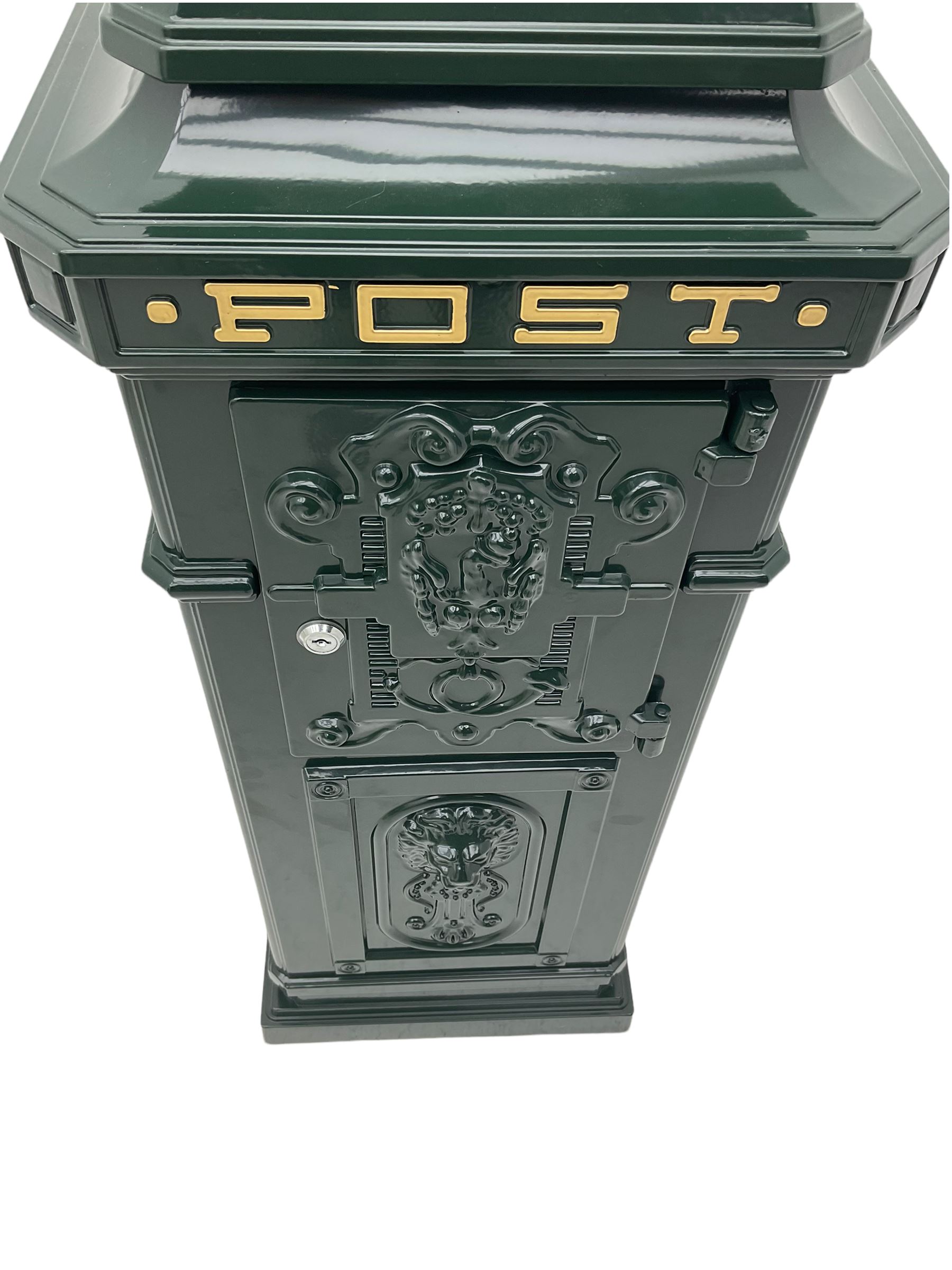 Victorian style cast aluminium green painted post / mail box, with keys
