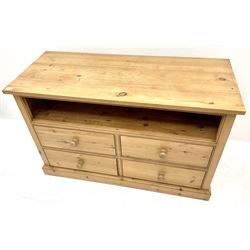 Solid pine dresser single open shelf above four drawers, plinth base