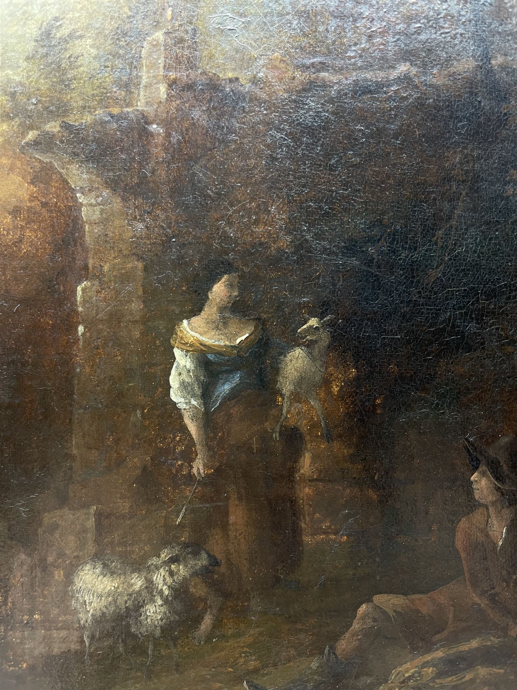 Jan Dircksz Both (Dutch 1615/18-1652) and Andries Both (Dutch 1612/1613-1642): Shepherd and Wife within an Italian Landscape, oil on canvas attributed and titled on the mount 60cm x 50cm 
Provenance: previously owned by the Countess Michalowski, Cork 
Notes: this picture captures the typical golden Italian light and shadowy foreground that Both highlighted in many of his works from the 1630s and early 40s. It is likely the figures were executed by his elder brother Andries, who drowned in Venice 1642.