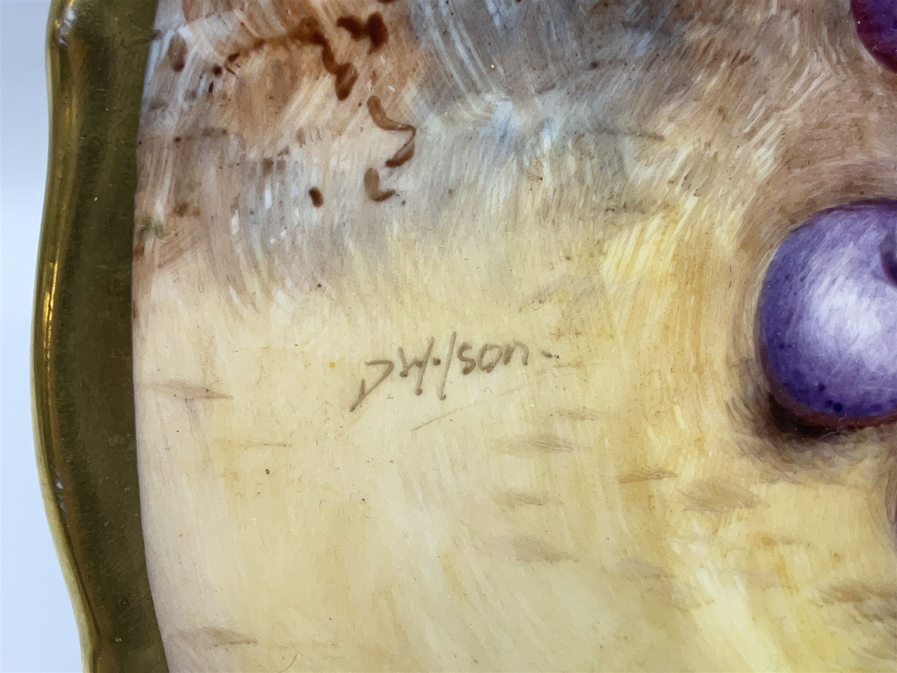 Aynsley Orchard gold pattern trio and vase, together with Edwardian Bone China plate, decorated with fruit, signed D. Wilson