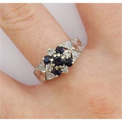 9ct white gold sapphire and diamond chip flower head cluster ring, London 1979