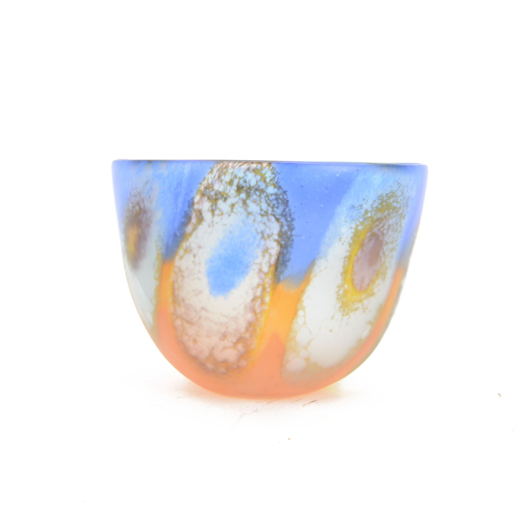 Pauline Solven, studio glass bowl decorated with abstract circular pattern upon blue and orange grounds, H11cm, D15cm 