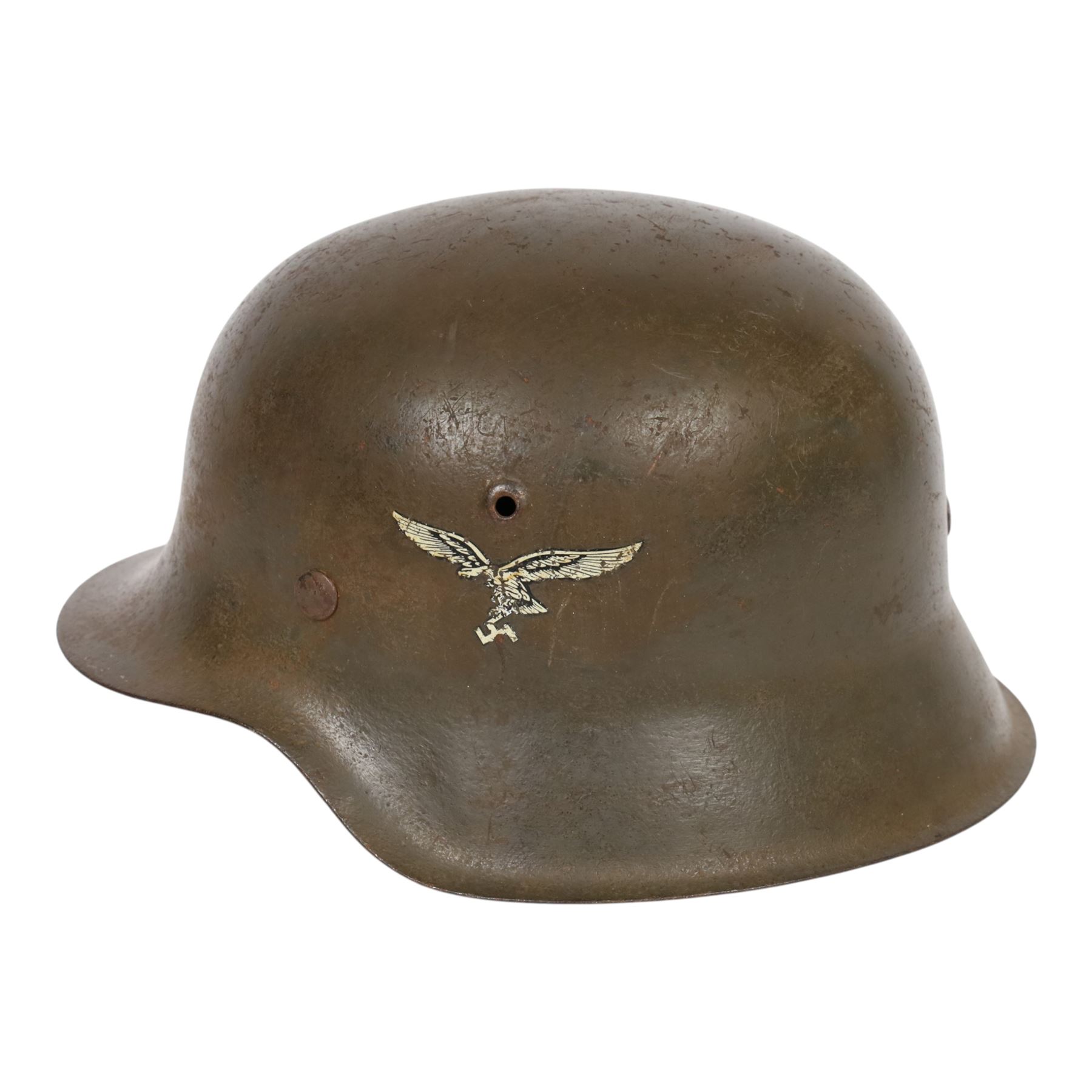 German Third Reich M45 Luftwaffe single decal helmet, the inner back brim stamped hkp 64, 16438, with eight tongue leather liner and the buckle part of the chinstrap