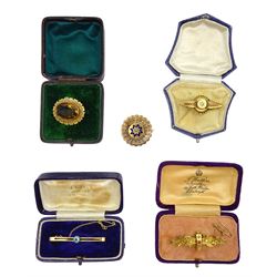 Victorian 15ct gold diamond set brooch and four 9ct gold brooches including blue zircon and smokey quartz, four boxed