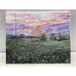 Paula Seller (Northern British Contemporary): 'Rural Sunset', acrylic on canvas signed with monogram and dated 2021, titled verso 41cm x 51cm (unframed)