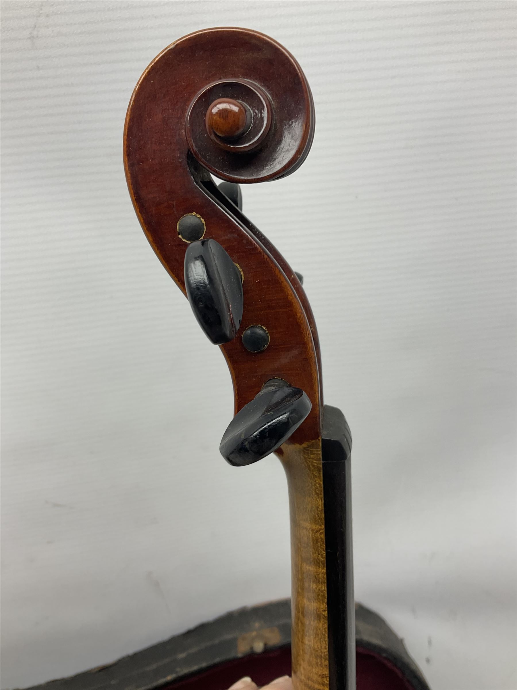German trade violin 1950s with 36cm two-piece maple back and ribs and spruce top, bears label 'Johann Stainer in Absam prope Oenipontum 1650' L59cm; in carrying case with bow impressed Tourte