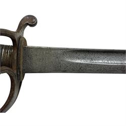 Victorian artillery officer's sword by Henry Wilkinson Pall Mall London, with 89cm steel blade, wirebound fishskin grip, chequered backstrap and stepped domed pommel, in brown leather scabbard, overall L104cm