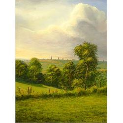 Howard Wood (British 20th century): View from the Heath (towards Wakefield), oil on panel signed and dated ’89,  40cm x 30cm
