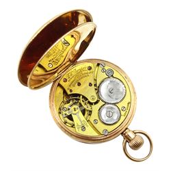 9ct gold open face keyless lever pocket watch by J W Benson, London, white enamel dial with Roman numerals and subsidiary seconds dial, Birmingham 1925