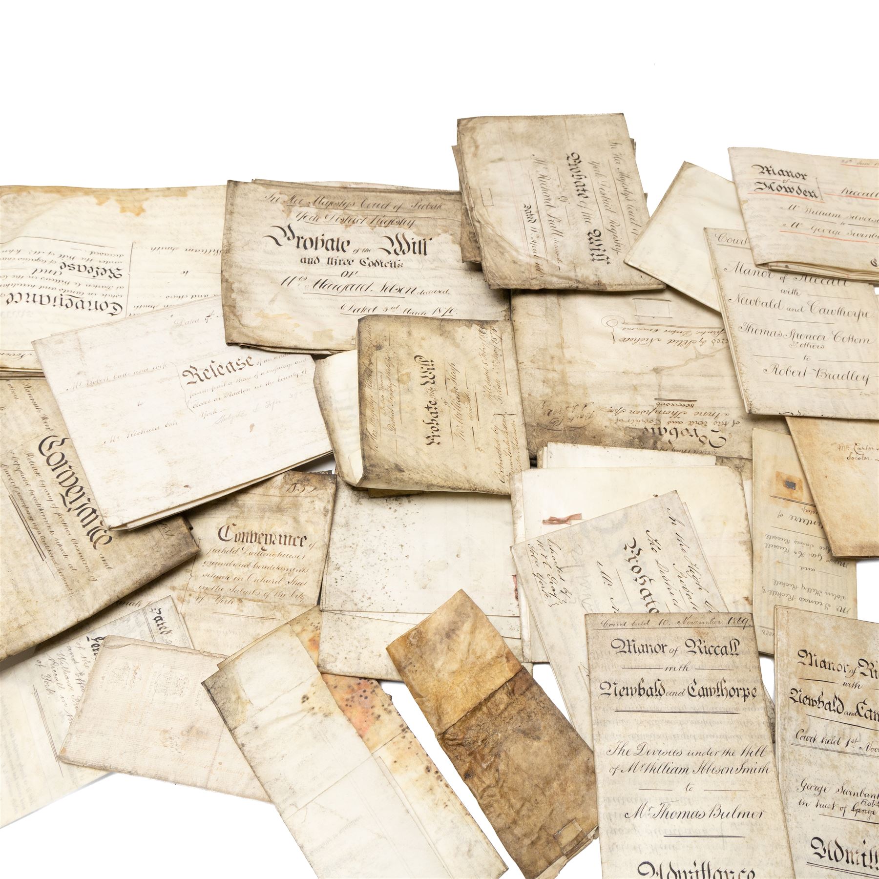 Yorkshire manorial interest - collection of 18th and 19th century vellum and paper court copyhold, admittance, surrender and lease documents relating to the Manor of Dunnington and Dunnington Hall, the Manor of Riccall with Newbald and Cawthorpe, and the Manor of North Duffield with the Members, together with similar documents for Warthorpe Hall, Allerthorpe Hall, Murton and surrounding areas, many retaining original seals, in one box