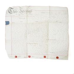 18th century Indenture between Thomas Hyde and Tobias Hodgson of London, framed 37cm x 48cm, 18th century Admission of Rt. Hon. Lady Ann Conolly, the Manor of Isleworth, July 1791, Queen Anne indenture and various others