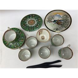 Set of six Chinese coffee cups decorated with colourful green leaves and butterflies, Japanese saucer dish decorated with exotic names, Victorian lustre small beaker and pair of ebony glove stretchers