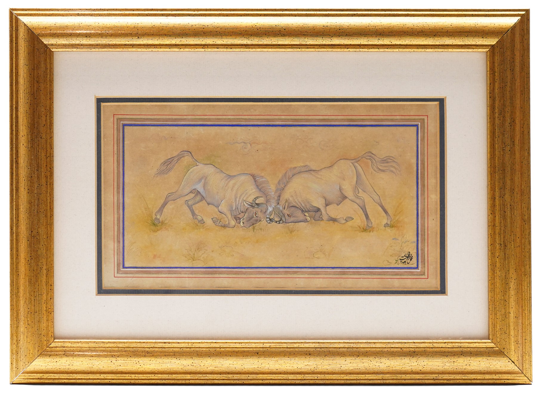 After Muhammad Daulat or 'Dawlat' (Mughal School fl.1595-1640): Water Buffalo Fighting, ink watercolour and gold on paper indistinctly signed 12cm x 22cm; together with two further Mughal pictures, depicting a composite camel and rider, and a Prince and harem in a garden setting (3)