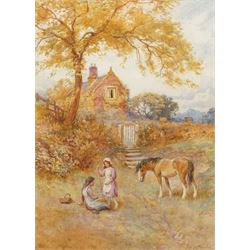 Frederick James Knowles (British 1874-1931): Young Girls and Horse in a Paddock, watercolo...