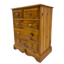 Pair polished pine chests, each fitted with two short and three long drawers