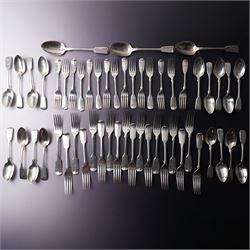 Suite of Victorian silver fiddle pattern cutlery comprising eighteen table forks, seventee...