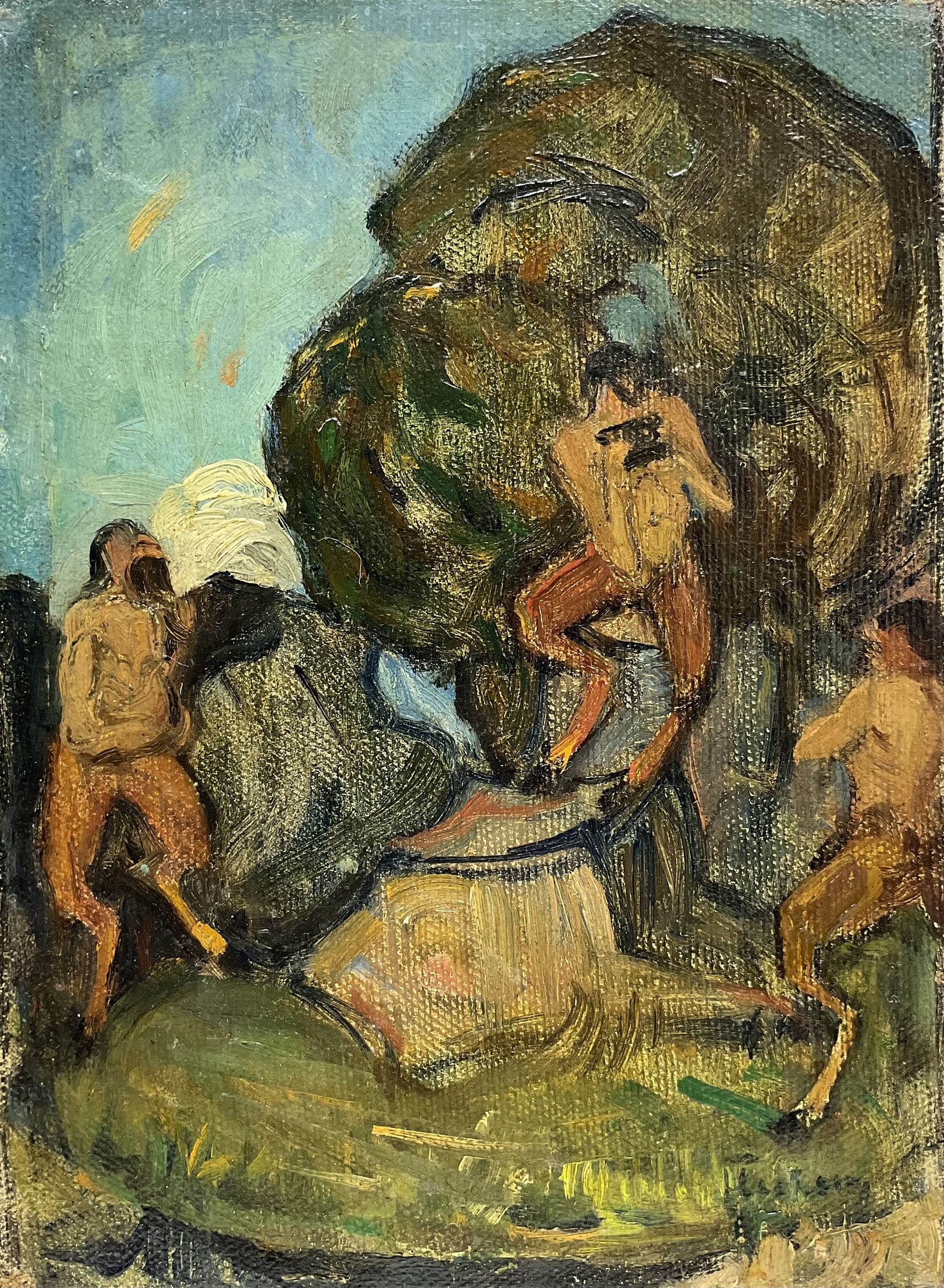 Circle of Ker-Xavier Roussel (French 1867-1944): Fauns in the Forest, oil on canvas laid on to panel indistinctly signed 22cm x 16cm (unframed)