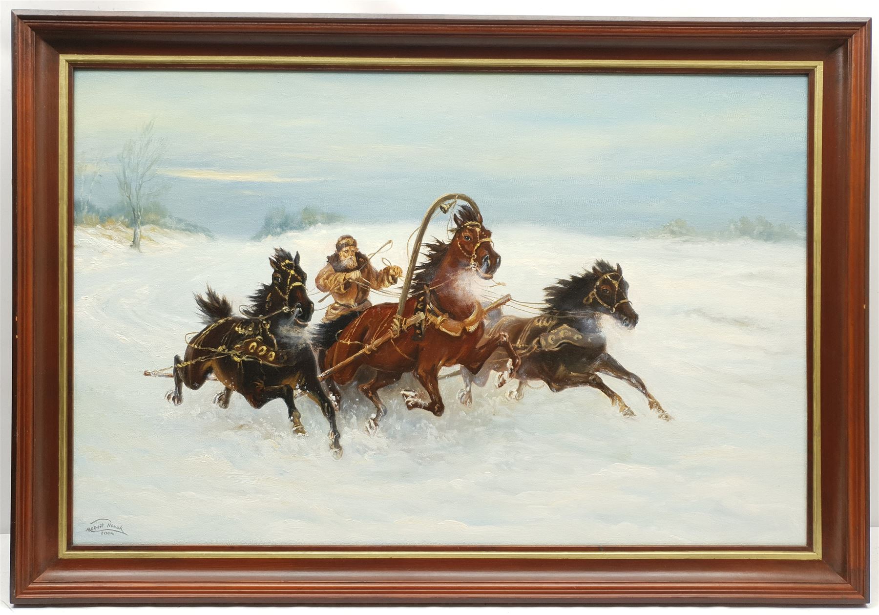 Robert Nowak (Polish Contemporary): Horse-drawn Chariot in Snow, oil on canvas signed and dated 2004, titled in Polish verso 58cm x 90cm