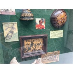 Four framed sporting memorabilia displays, the largest example containing 1930s cricket memorabilia, together with two fishing displays and a football display, each within wooden glazed frames, largest H105cm