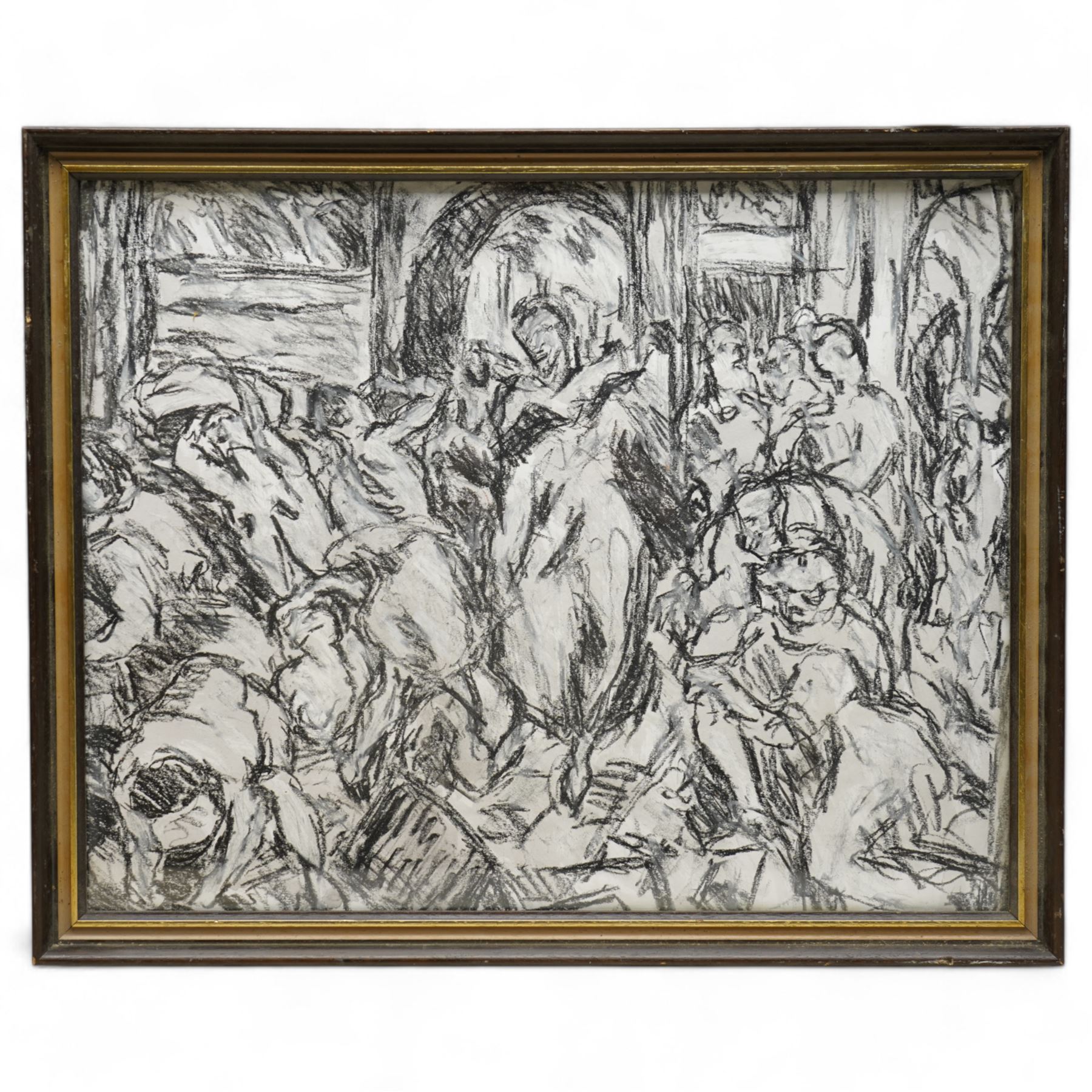 Barry De More (Yorkshire 1948-2023) after El Greco (Greek 1541-1614): '
Christ Driving the Money Changers from the Temple', charcoal heightened with white, signed and titled verso 37cm x 47cm
Notes: Acclaimed as one of the North's greatest expressionist artists, Barry De More (1948-2023) used a heavy impasto style to transfer his love of Yorkshire landscapes, townscapes and people to canvas. His work sits comfortably in the company of work by Kossoff and Auerbach, selling to collectors in the UK and overseas. De More's work can be found in the permanent collection of work by Northern Artists at Dean Clough, one of the UK's largest contemporary art galleries.