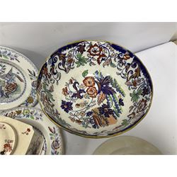 Victorian and later dinner wares, to include Masons ironstone, decorated with flowers and an exotic bird to include bowls, Amherst Japan pattern Ironstone pedestal bowl decorated with floral sprays, etc